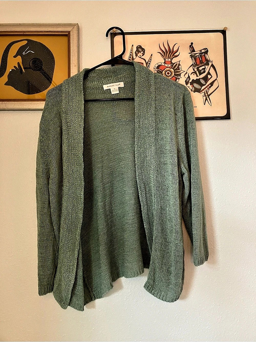 August Silk Open Front Knit Cardigan in Green Size XL
